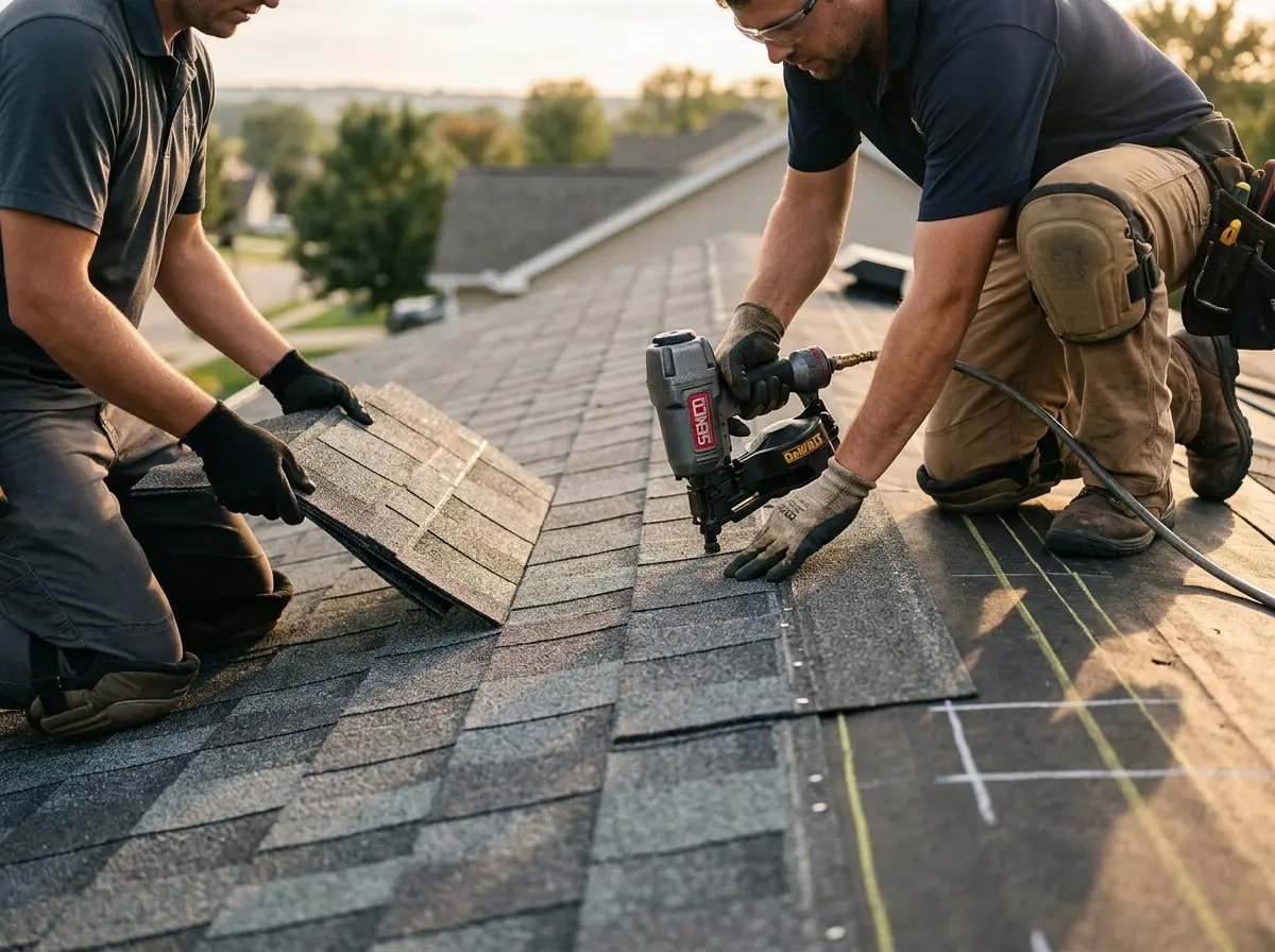 Professional roofer working on a residential roof in Pismo Beach